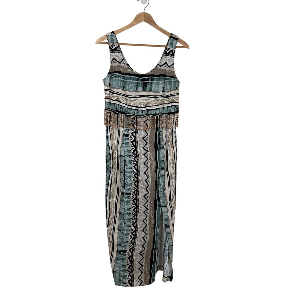 Vintage 90s All That Jazz Rayon Midi Maxi Dress Beaded Abstract Geometric Sz 7/8